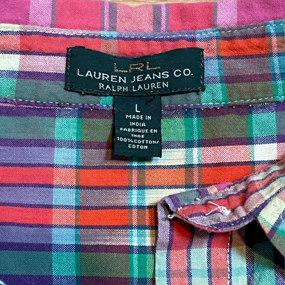 LRL Lauren Jeans Co RL Button Down Shirt Womens L Pink Plaid Cotton Hi Low Top - Picture 4 of 10